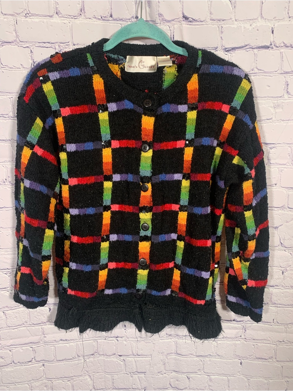 Jane's Closet Womens VTG Windowpane Sequin Cardigan Black Multi Sz M Rainbow